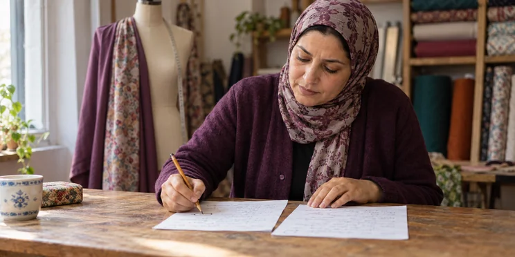 Candidate comparant deux feuilles et entourant une correction au crayon dans un atelier de couture