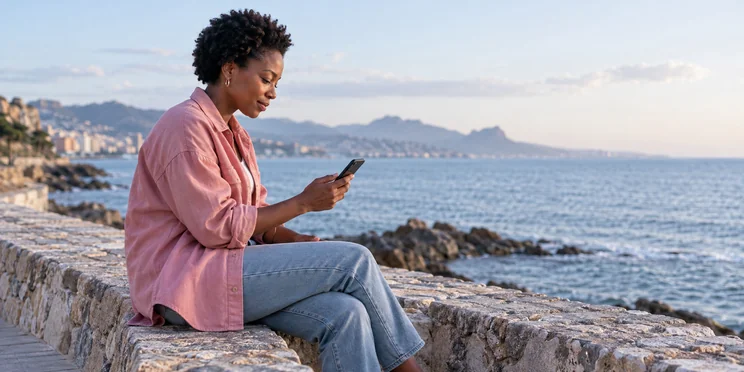 Candidate consultant un exercice sur son téléphone, assise sur un muret en bord de mer