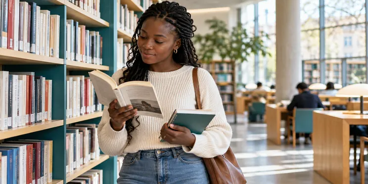Candidate lisant un livre près des rayonnages d’une bibliothèque avec un carnet à la main