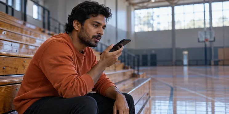 Candidat enregistrant une réponse sur son téléphone dans les gradins vides d’une salle de sport