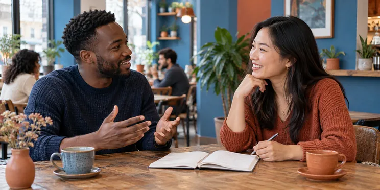 Deux adultes échangeant à une table de café avec un carnet ouvert entre eux