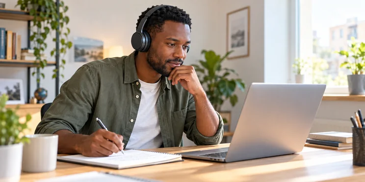 Candidat portant un casque audio et prenant des notes pendant un exercice de français