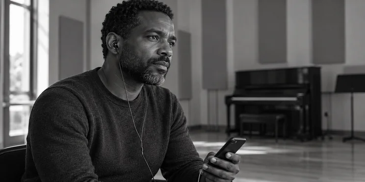 Candidat portant des écouteurs filaires et tenant son téléphone dans une salle de musique calme