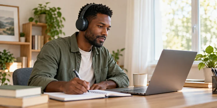 Candidat portant un casque et préparant le TCF Canada sur un ordinateur à domicile