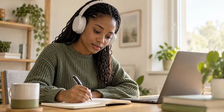 Candidate avec un casque audio prenant des notes pendant son entraînement de compréhension orale