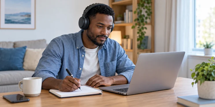 Candidat portant un casque et prenant des notes pendant un exercice de compréhension orale sur ordinateur