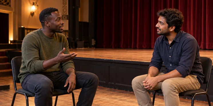 Deux adultes répétant une conversation face à face dans une petite salle de théâtre