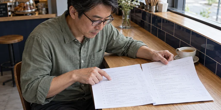 Candidat examinant des passages annotés sur deux feuilles d’exercices dans un café
