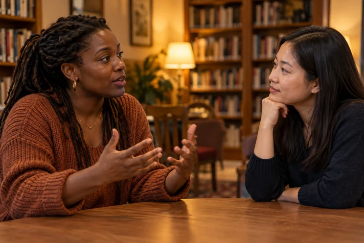 Deux femmes pratiquant une conversation en français dans une salle de bibliothèque