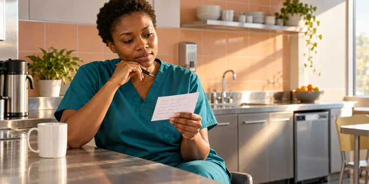 Professionnelle relisant une fiche de révision pendant une pause dans une salle de repos