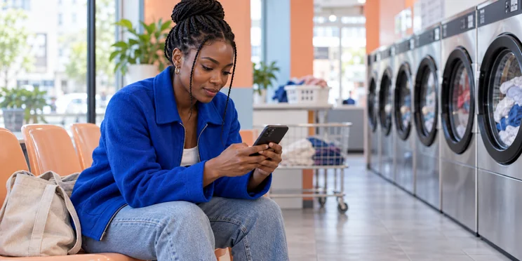 Femme consultant son téléphone pendant un temps d’attente dans une laverie